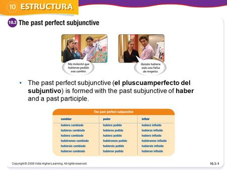 Copyright © 2008 Vista Higher Learning. All rights reserved. 10.3–1 The past perfect subjunctive (el pluscuamperfecto del subjuntivo) is formed with the.