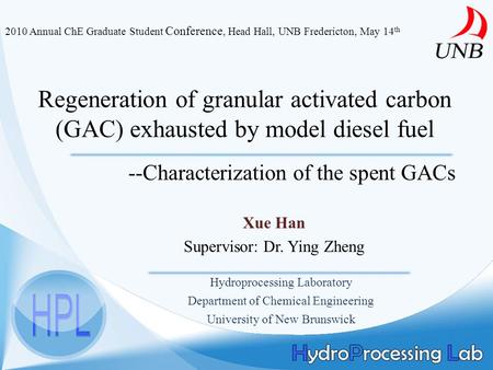 Regeneration of granular activated carbon (GAC) exhausted by model diesel fuel Xue Han Supervisor: Dr. Ying Zheng Hydroprocessing Laboratory Department.