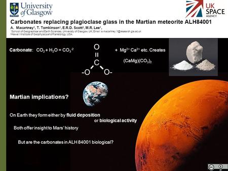 Carbonates replacing plagioclase glass in the Martian meteorite ALH84001 A.Macartney 1, T. Tomkinson 1, E.R.D. Scott 2, M.R. Lee 1, 1 School of Geographical.