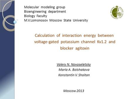 Calculation of interaction energy between voltage-gated potassium channel Kv1.2 and blocker agitoxin Valery N. Novoseletsky Maria A. Bolshakova Konstantin.