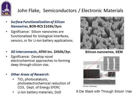 John Flake, Semiconductors / Electronic Materials Surface Functionalization of Silicon Nanowires, BOR-RCS $103k/3yrs Significance: Silicon nanowires are.