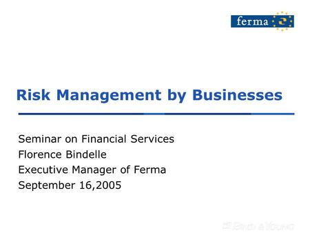 Risk Management by Businesses Seminar on Financial Services Florence Bindelle Executive Manager of Ferma September 16,2005.