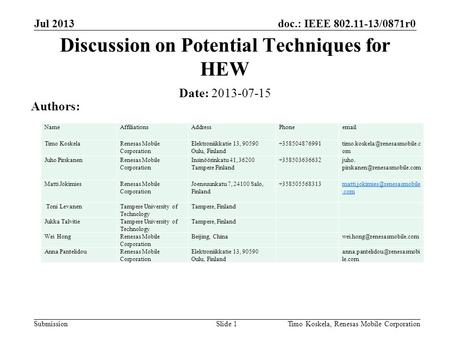 Doc.: IEEE 802.11-13/0871r0 Submission Jul 2013 Timo Koskela, Renesas Mobile CorporationSlide 1 Discussion on Potential Techniques for HEW Date: 2013-07-15.