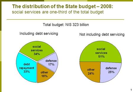 1 The distribution of the State budget – 2008: social services are one-third of the total budget Total budget: NIS 323 billion Not including debt servicing.
