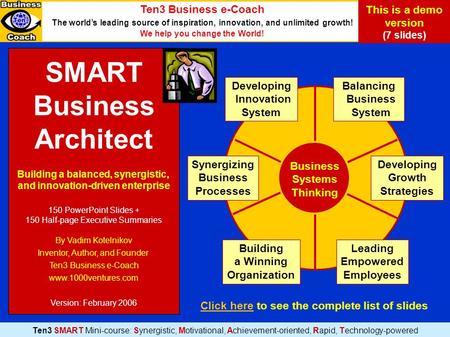 SMART Business Architect Building a balanced, synergistic, and innovation-driven enterprise 150 PowerPoint Slides + 150 Half-page Executive Summaries By.