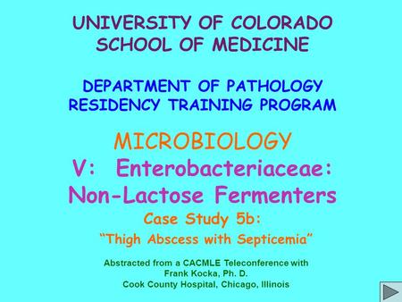 UNIVERSITY OF COLORADO SCHOOL OF MEDICINE DEPARTMENT OF PATHOLOGY RESIDENCY TRAINING PROGRAM MICROBIOLOGY V: Enterobacteriaceae: Non-Lactose Fermenters.