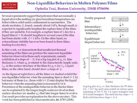 Non-Liquidlike Behaviors in Molten Polymer Films Non-Liquidlike Behaviors in Molten Polymer Films Ophelia Tsui, Boston University, DMR 0706096 Log-log.