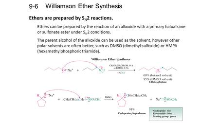 Williamson Ether Synthesis 9-6 Ethers are prepared by S N 2 reactions. Ethers can be prepared by the reaction of an alkoxide with a primary haloalkane.