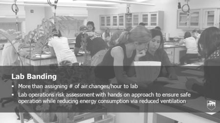 Lab Banding  More than assigning # of air changes/hour to lab  Lab operations risk assessment with hands on approach to ensure safe operation while reducing.