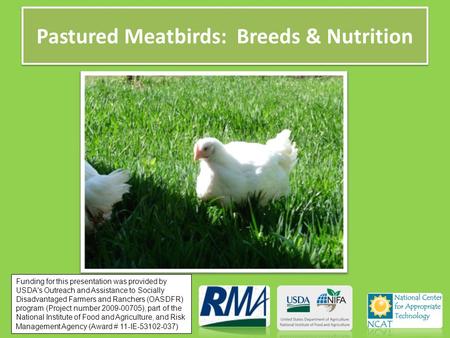 Pastured Meatbirds: Breeds & Nutrition Funding for this presentation was provided by USDA's Outreach and Assistance to Socially Disadvantaged Farmers and.