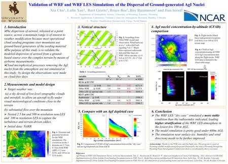 Validation of WRF and WRF LES Simulations of the Dispersal of Ground-generated AgI Nuclei Xia Chu 1, Lulin Xue 2, Bart Geerts 1, Bruce Boe 3, Roy Rasmussen.