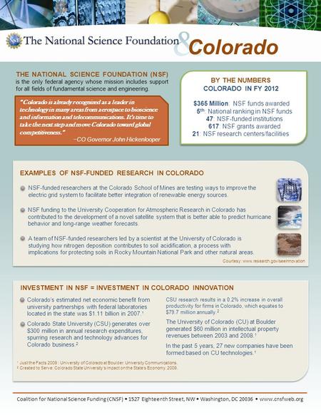 BY THE NUMBERS COLORADO IN FY 2012 $365 Million: NSF funds awarded 5 th : National ranking in NSF funds 47: NSF-funded institutions 617: NSF grants awarded.