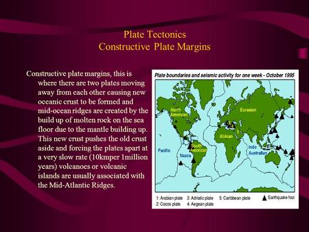 Plate Tectonics Constructive Plate Margins Constructive plate margins, this is where there are two plates moving away from each other causing new oceanic.