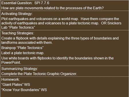 Essential Question: SPI 7.7.6 How are plate movements related to the processes of the Earth? Activating Strategy: Plot earthquakes and volcanoes on a world.