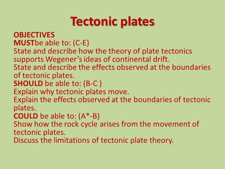 Tectonic plates OBJECTIVES MUSTbe able to: (C-E) State and describe how the theory of plate tectonics supports Wegener’s ideas of continental drift. State.