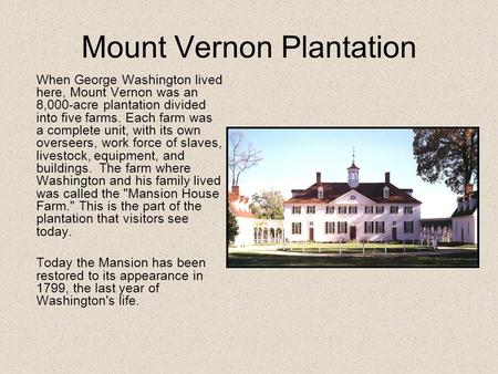 Mount Vernon Plantation When George Washington lived here, Mount Vernon was an 8,000-acre plantation divided into five farms. Each farm was a complete.