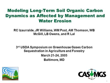 1 Modeling Long-Term Soil Organic Carbon Dynamics as Affected by Management and Water Erosion RC Izaurralde, JR Williams, WM Post, AM Thomson, WB McGill,