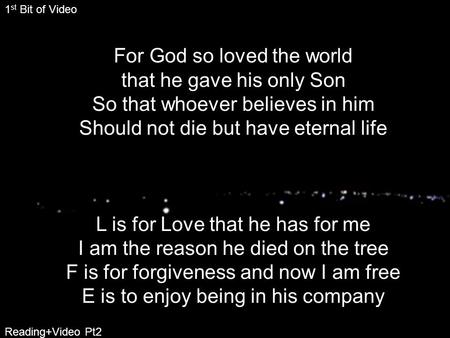 For God so loved the world that he gave his only Son So that whoever believes in him Should not die but have eternal life L is for Love that he has for.
