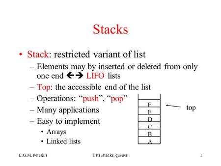 E.G.M. Petrakislists, stacks, queues1 Stacks Stack: restricted variant of list –Elements may by inserted or deleted from only one end  LIFO lists –Top: