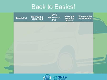 Back to Basics! Parking & Backing Basics Drive Distraction- free Steer With a Clear Head Fine-tune the Fundamentals Buckle Up!
