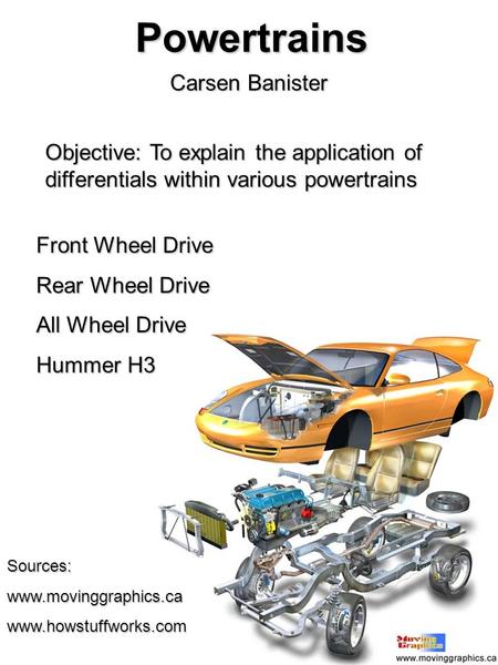Powertrains Carsen Banister Objective: To explain the application of differentials within various powertrains Front Wheel Drive Rear Wheel Drive All Wheel.