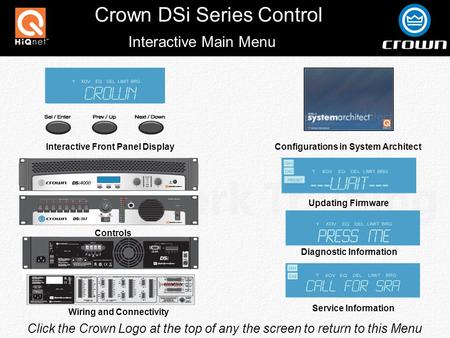 Crown DSi Series Control Click the Crown Logo at the top of any the screen to return to this Menu Interactive Main Menu Interactive Front Panel Display.