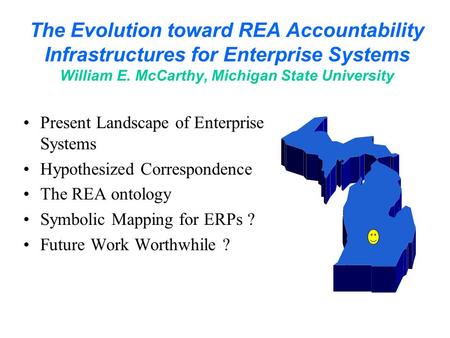 The Evolution toward REA Accountability Infrastructures for Enterprise Systems William E. McCarthy, Michigan State University Present Landscape of Enterprise.