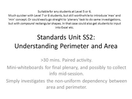 Standards Unit SS2: Understanding Perimeter and Area >30 mins. Paired activity. Mini-whiteboards for final plenary, and possibly to collect info mid-session.