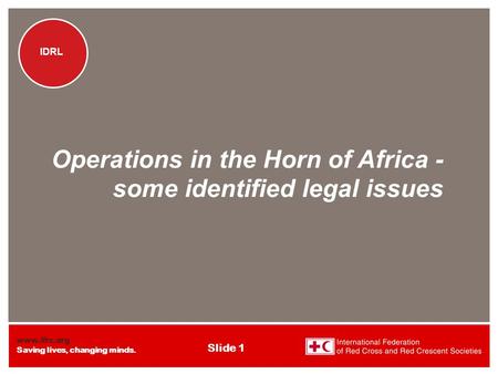 Www.ifrc.org Saving lives, changing minds. IDRL Slide 1 IDRL Operations in the Horn of Africa - some identified legal issues.