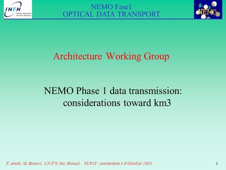 NEMO Fase1 OPTICAL DATA TRANSPORT F. Ameli, M. Bonori, I.N.F.N. Sez. Roma1. VLVυT - Amsterdam 5-8 October 20031 Architecture Working Group NEMO Phase 1.