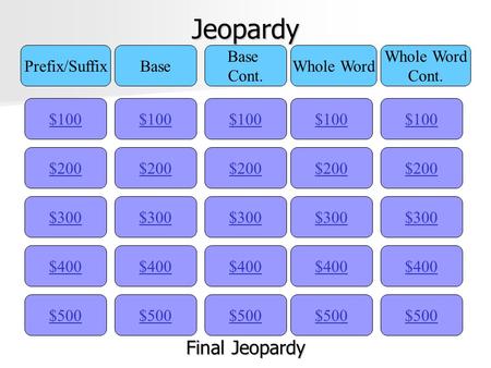 Jeopardy $100 Prefix/SuffixBase Cont. Whole Word Cont. $200 $300 $400 $500 $400 $300 $200 $100 $500 $400 $300 $200 $100 $500 $400 $300 $200 $100 $500.