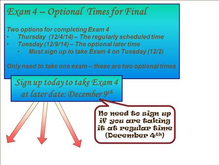 Exam 4 – Optional Times for Final Two options for completing Exam 4 Thursday (12/4/14) – The regularly scheduled time Tuesday (12/9/14) – The optional.
