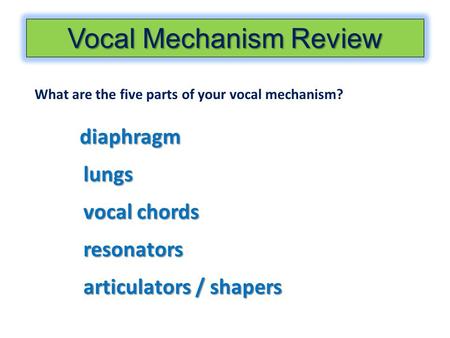 Vocal Mechanism Review What are the five parts of your vocal mechanism? diaphragm lungs vocal chords resonators articulators / shapers.