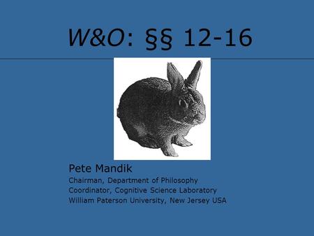 W&O: §§ 12-16 Pete Mandik Chairman, Department of Philosophy Coordinator, Cognitive Science Laboratory William Paterson University, New Jersey USA.