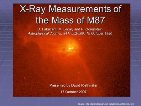 X-Ray Measurements of the Mass of M87 D. Fabricant, M. Lecar, and P. Gorenstein Astrophysical Journal, 241: 552-560, 15 October 1980 Image: