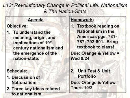 L13: Revolutionary Change in Political Life: Nationalism & The Nation-State Agenda Objective: 1.To understand the meaning, origin, and implications of.