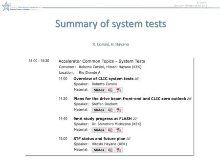 R. Corsini LCWS12 – Arlington 26 Oct. 2012 Summary of system tests R. Corsini, H. Hayano.