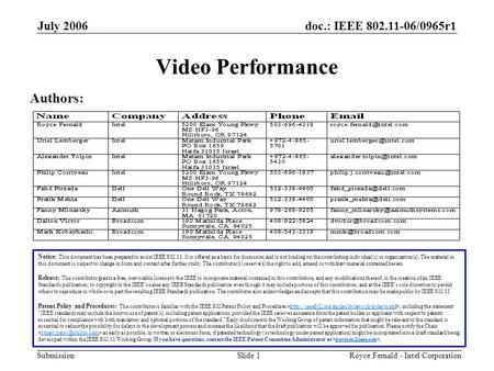 Doc.: IEEE 802.11-06/0965r1 Submission July 2006 Royce Fernald - Intel CorporationSlide 1 Video Performance Notice: This document has been prepared to.