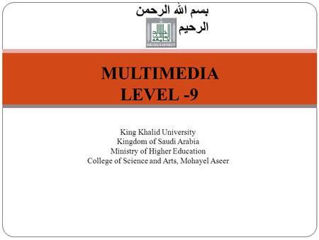 1 Introduction to Computer Science بسم الله الرحمن الرحيم MULTIMEDIA LEVEL -9 King Khalid University Kingdom of Saudi Arabia Ministry of Higher Education.