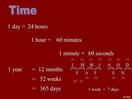 Time 1 day = 24 hours 1 hour = 60 minutes 1 minute = 60 seconds 1 year