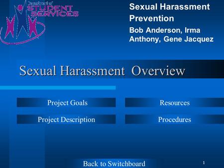 1 Sexual Harassment Overview Sexual Harassment Prevention Bob Anderson, Irma Anthony, Gene Jacquez Project Goals Project Description Resources Procedures.