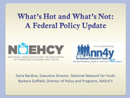 Darla Bardine, Executive Director, National Network for Youth Barbara Duffield, Director of Policy and Programs, NAEHCY 1.