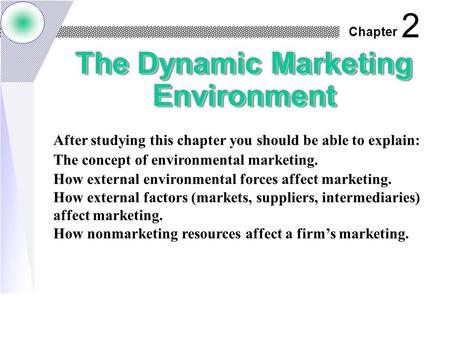 Chapter The Dynamic Marketing Environment 2 After studying this chapter you should be able to explain: The concept of environmental marketing. How external.
