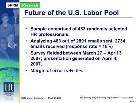 HR: Leading People, Leading Organizations © 2007 SHRM SHRM Weekly Online Survey: March 27, 2007 Future of the U.S. Labor Pool Sample comprised of 483 randomly.