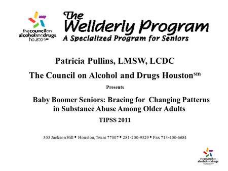 Patricia Pullins, LMSW, LCDC The Council on Alcohol and Drugs Houston sm Presents Baby Boomer Seniors: Bracing for Changing Patterns in Substance Abuse.