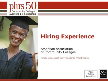 Hiring Experience American Association of Community Colleges Funded with a grant from The Atlantic Philanthropies Place College Logo Here.