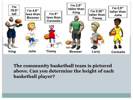 The community basketball team is pictured above. Can you determine the height of each basketball player?