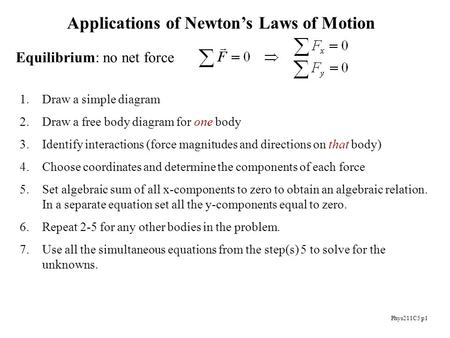 Phys211C5 p1 Applications of Newton’s Laws of Motion Equilibrium: no net force 1.Draw a simple diagram 2.Draw a free body diagram for one body 3.Identify.