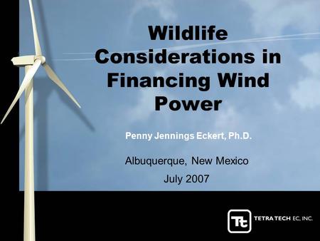 Wildlife Considerations in Financing Wind Power Albuquerque, New Mexico July 2007 Penny Jennings Eckert, Ph.D.