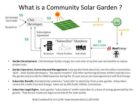 What is a Community Solar Garden ? Garden Development. CSG developer builds a large, low cost solar array that uses tax benefits to reduce project costs.